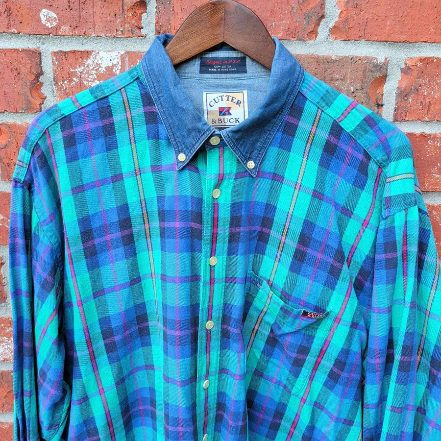 Cutter & Buck Plaid Flannel Shirt Mens XL Teal Blue Denim Collar 90s