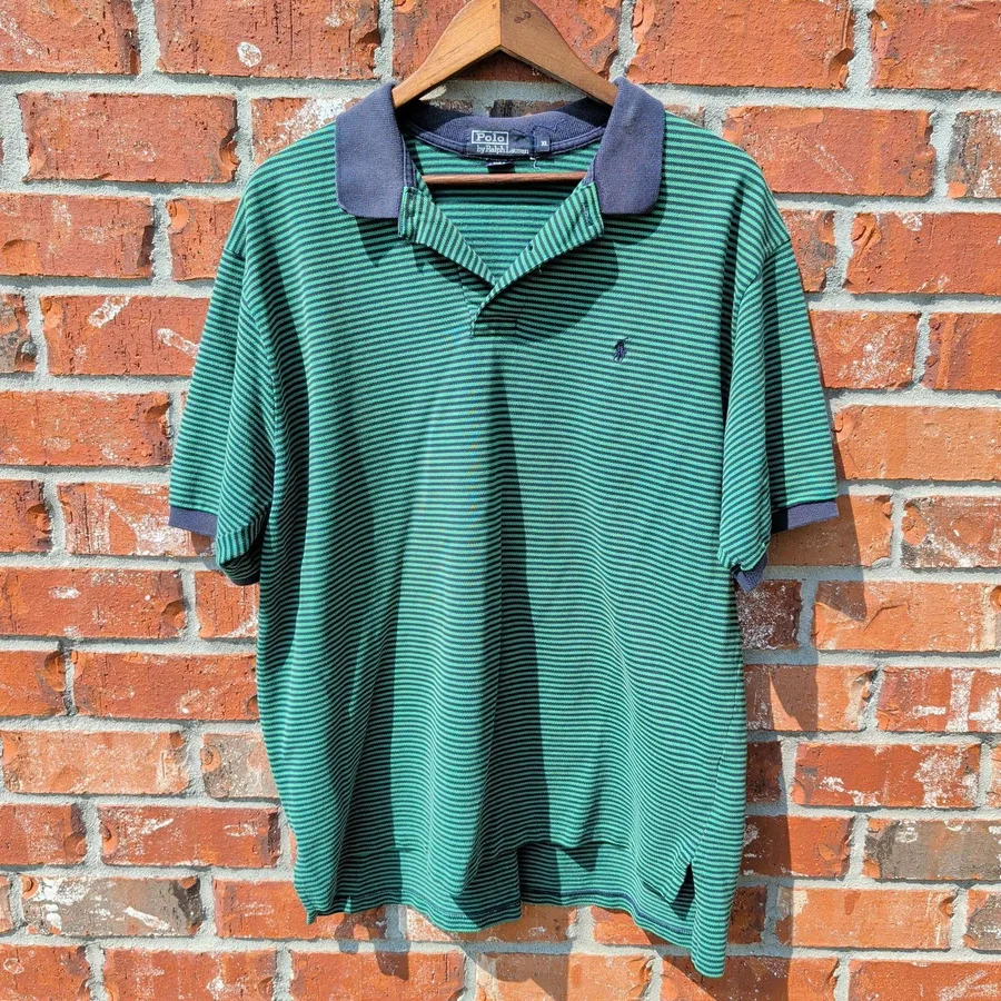 Polo Ralph Lauren Polo Shirt Mens XL Green Navy Striped Cotton Short Sleeve
