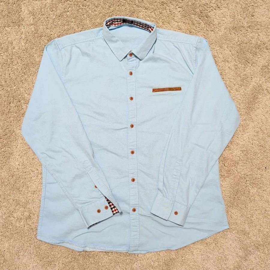 Coofandy Button Down Shirt Mens Large Light Blue Long Sleeve Plaid
