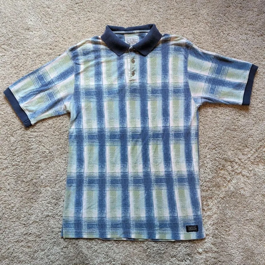Arizona Polo Shirt Mens Medium Blue Green Plaid Textured 100% Cotton Vintage