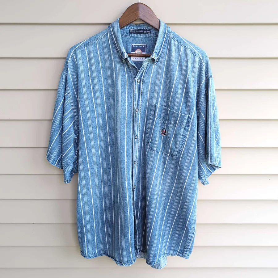 Coliseum Jeans Denim Shirt Mens XXL Blue Striped Short Sleeve Button Down
