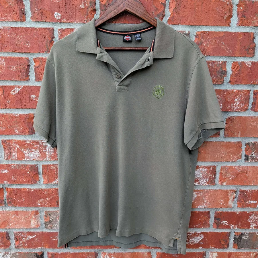 Harley Davidson Polo Shirt Mens L Olive Green Skull Logo Embroidered