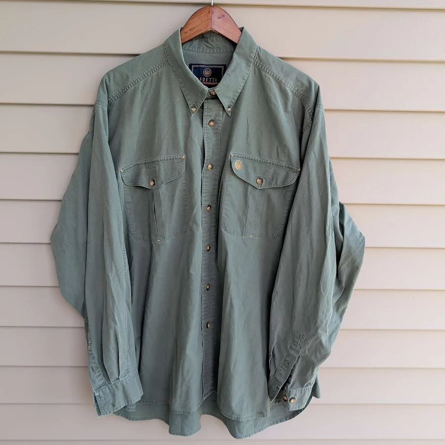 Beretta Button Down Shirt Mens XXL Olive Green Cotton Canvas Long Sleeve Hunting