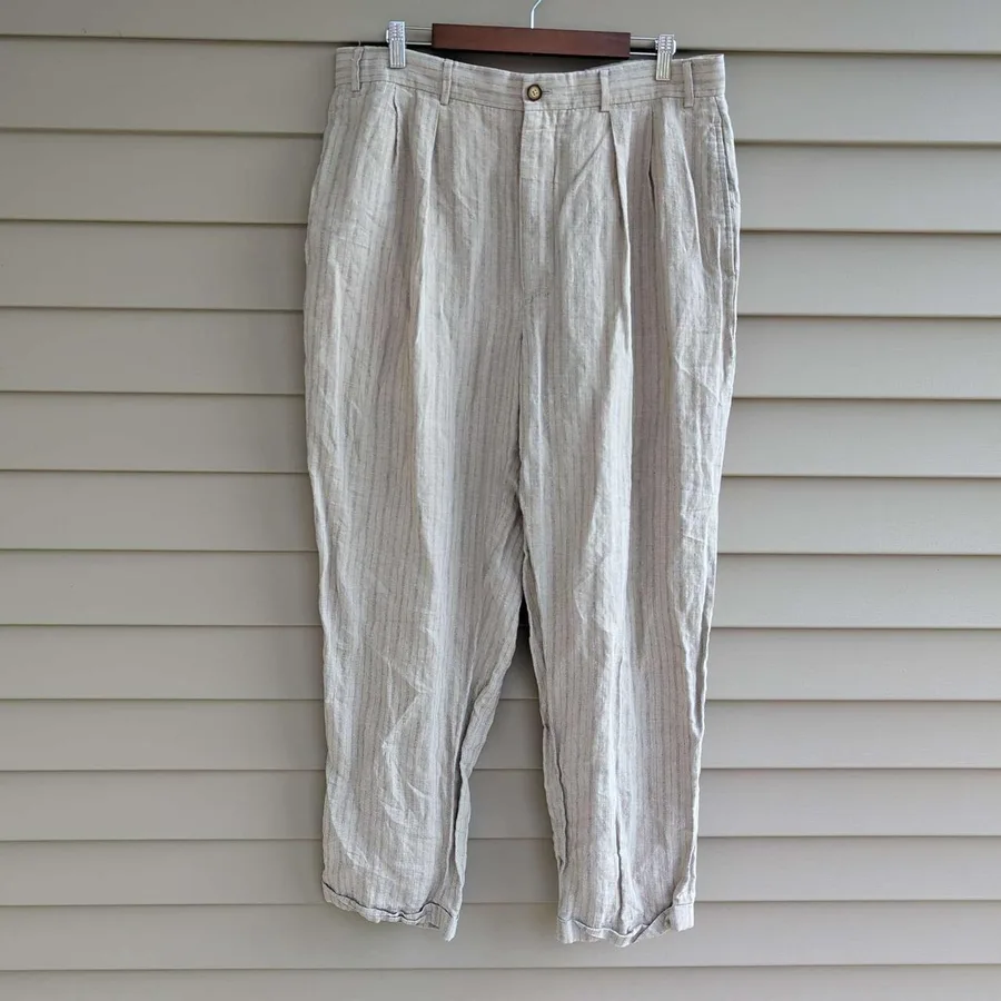 Structure Pleated Trousers Mens 36R Beige Linen Cotton Pinstripe Vintage 90s
