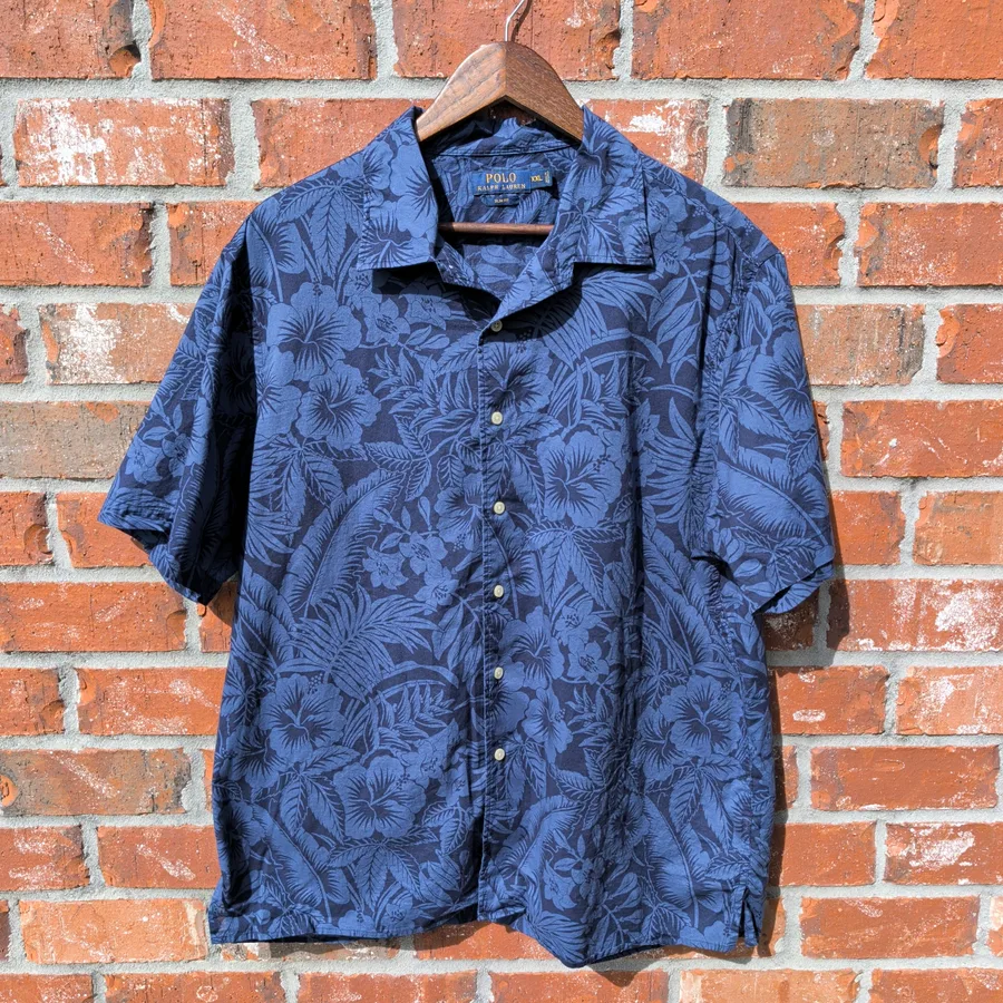 Polo Ralph Lauren Hawaiian Shirt Mens XXL Blue Floral Slim Fit Button Down