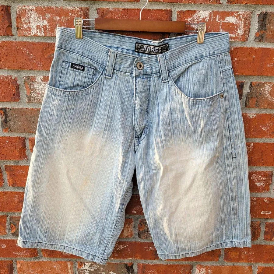 Avirex Denim Shorts Mens 36 Blue Baggy Textured Pinstripe Y2K