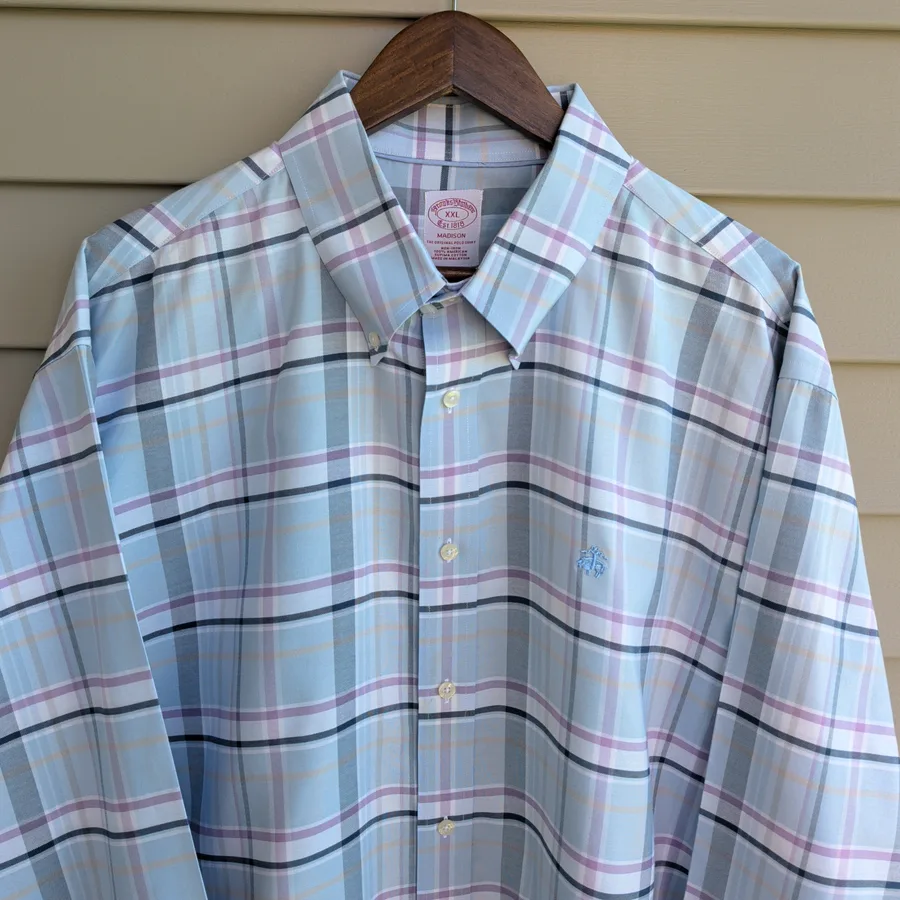 Brooks Brothers Madison Shirt Mens XXL Blue Plaid Non Iron Supima Cotton
