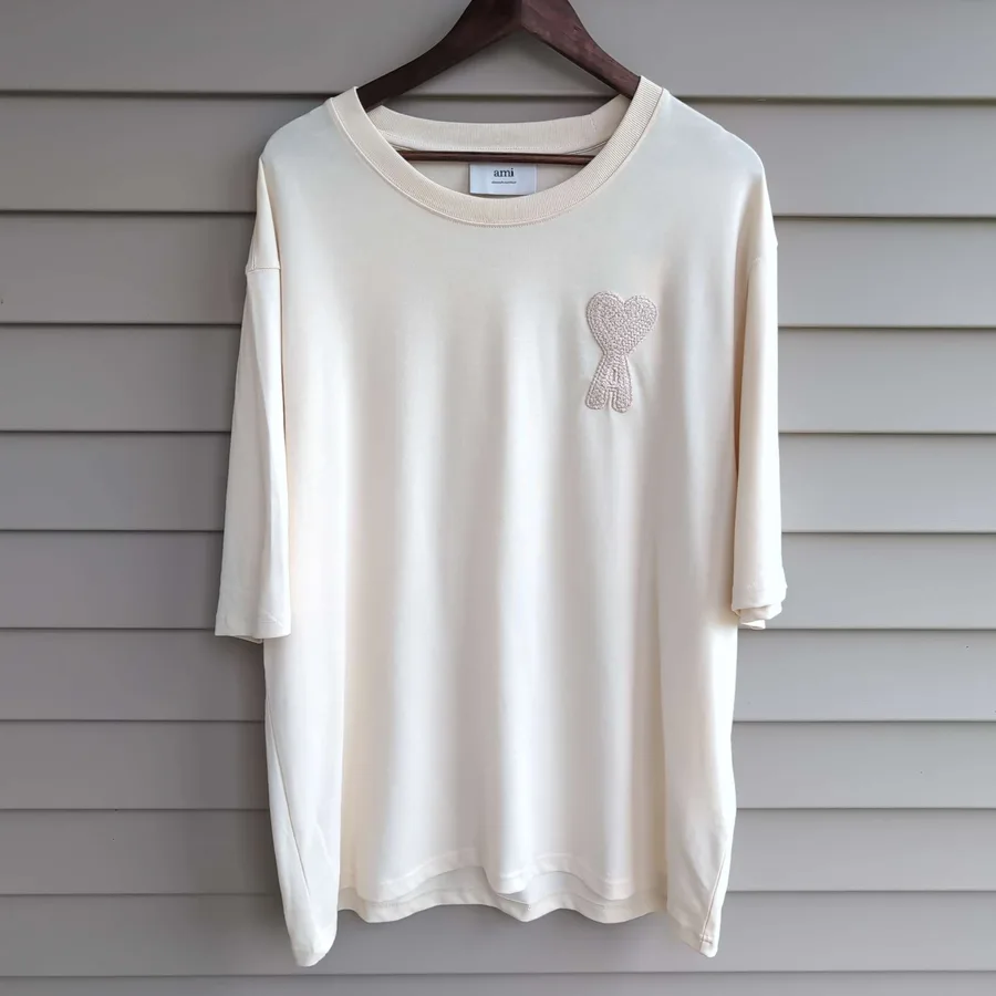 Ami Paris De Coeur Oversized Tee Mens XXL Cream NWT Heart Logo Organic Cotton