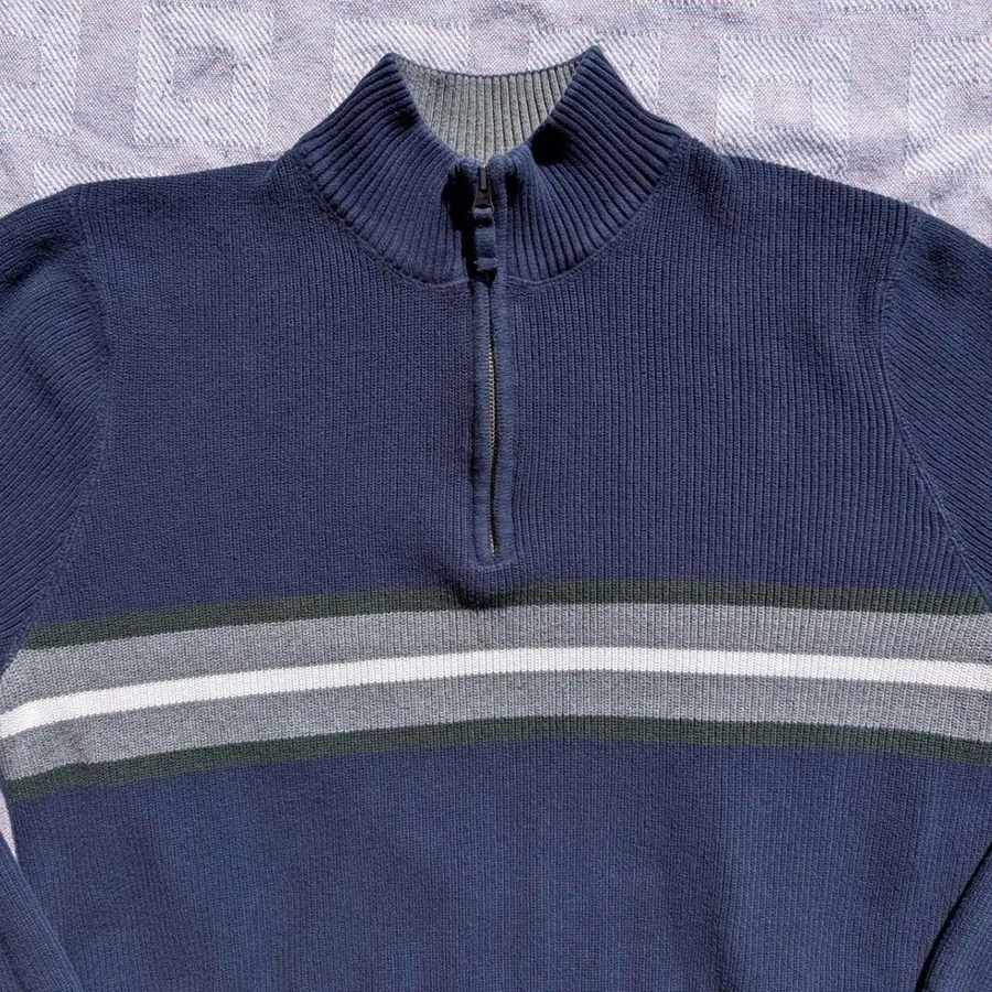 Eddie Bauer Quarter Zip Sweater Mens XL Tall Navy Blue Striped Cotton Ribbed
