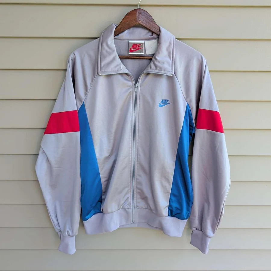 Nike Track Jacket Mens L Silver Blue Red Vintage 80s Colorblock Full Zip