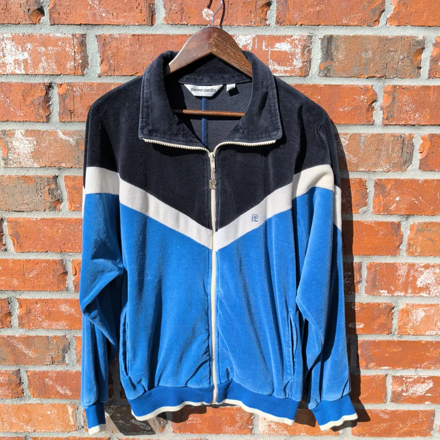 Pierre Cardin Velour Track Jacket Mens L Blue Colorblock Chevron Vintage 80s