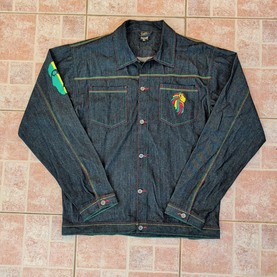 Money Talks Denim Jacket Mens 3XL Indigo Rasta Bob Marley Lion of Judah Graphic