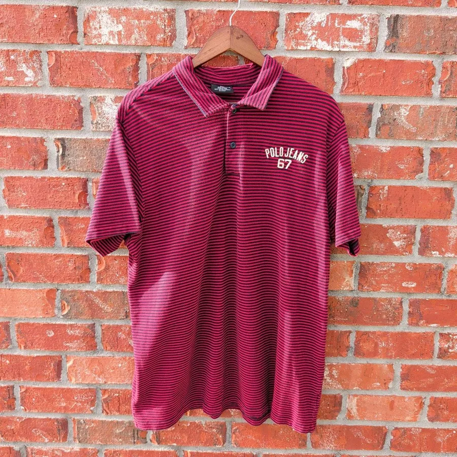 Polo Jeans Ralph Lauren Polo Shirt Mens XL Red Navy Striped Short Sleeve 67 Logo