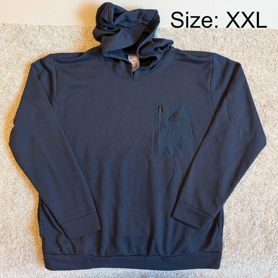 Adidas Mens 2XL Black Pullover Hoodie Zippered Chest Pocket  Fleece Sweatshirt