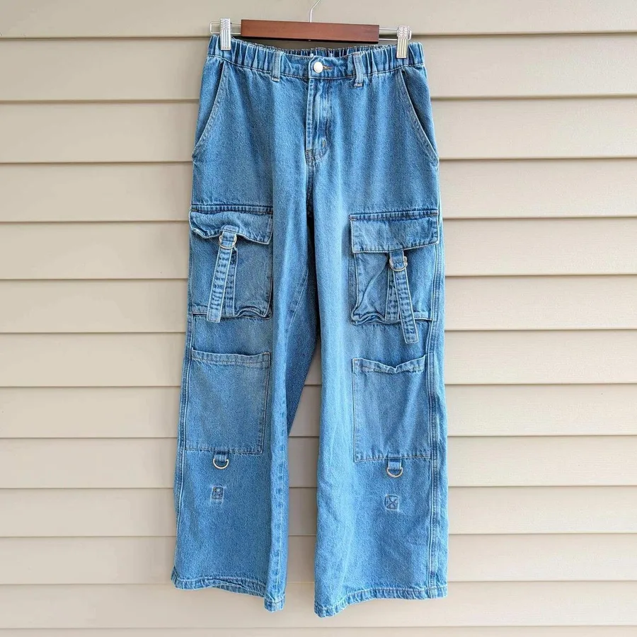 Forever 21 Cargo Jeans Womens 29 Blue Wide Leg Utility D-Ring Premium Denim