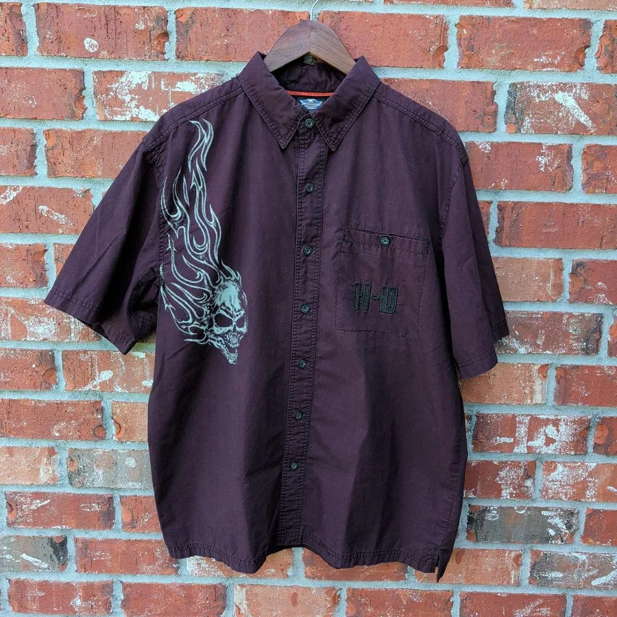 Harley-Davidson Button Up Shirt Mens L Burgundy Skull Flame Biker
