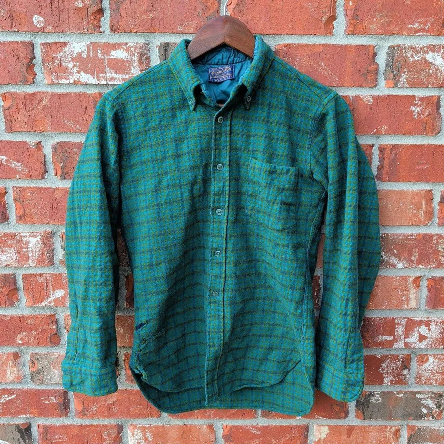 Pendleton Wool Shirt Mens M Teal Green Plaid Distressed Vintage Made in USA