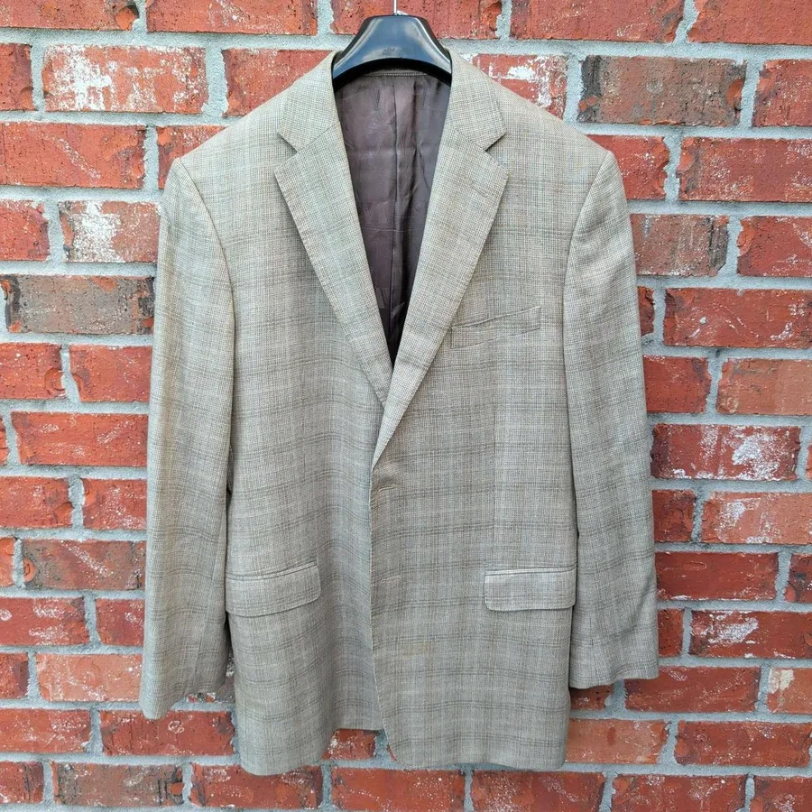 Versace Collection Blazer Mens 56 IT Tan Brown Silk Wool Glen Plaid Jacket