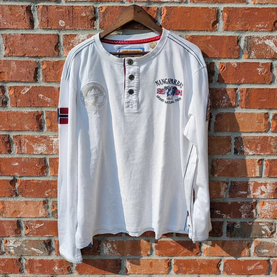 NangaParbat Henley Shirt Mens XXL White Long Sleeve Himalaya Mountain Patches