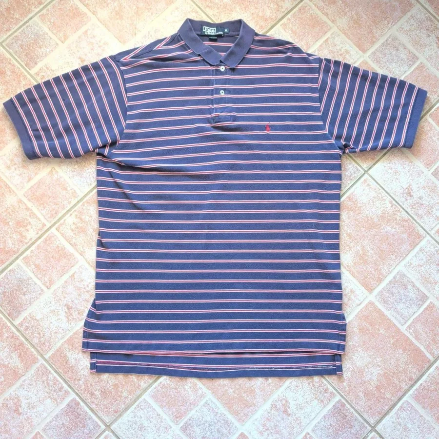 Polo Ralph Lauren Polo Shirt Mens XL Navy Blue Striped Short Sleeve Cotton