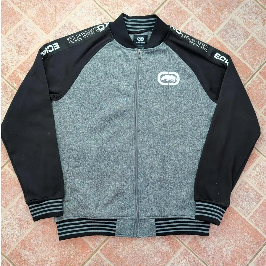 Ecko Unltd Track Jacket Mens Large Grey Black Branded Sleeve Tape Bomber Zip