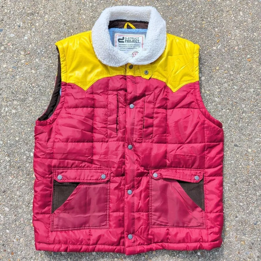 D-Struct Project Puffer Vest Mens XXL Red Yellow Sherpa Collar Western Quilted