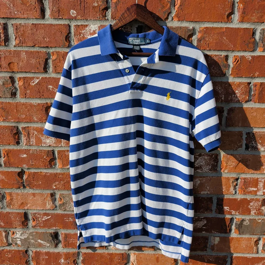 Polo by Ralph Lauren Striped Rugby Shirt Mens L Blue White Cotton Pique