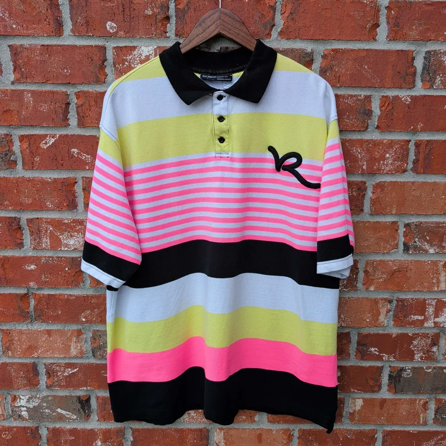 Rocawear Striped Rugby Polo Mens XL Pink Yellow Black Colorblock 90s Style