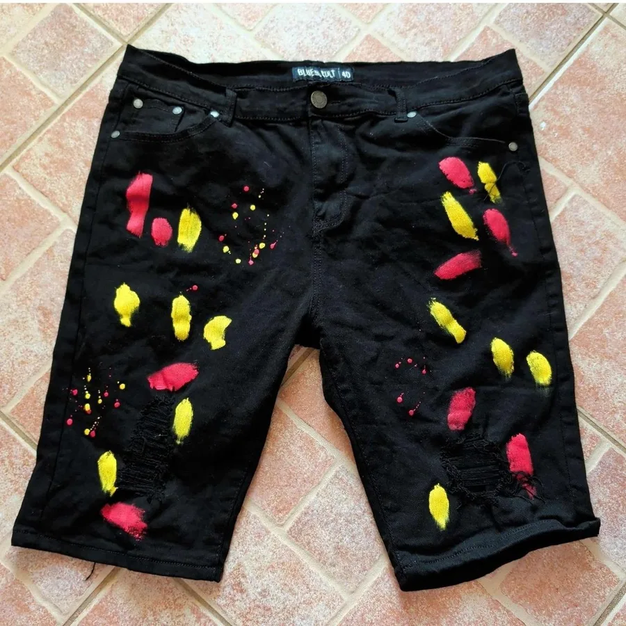 Blue Cult Denim Shorts Mens 40 Black Paint Splatter Distressed Ripped Edgy