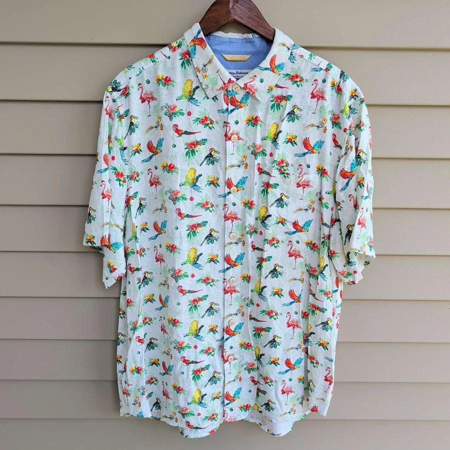 Tommy Bahama Button Down Mens XL White Tropical Bird Flamingo Veracruz Cay