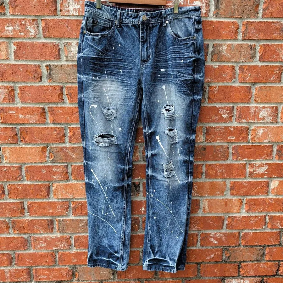 Switch Remarkable Slim Straight Jeans Mens 36x34 Blue Acid Wash Distressed Moto