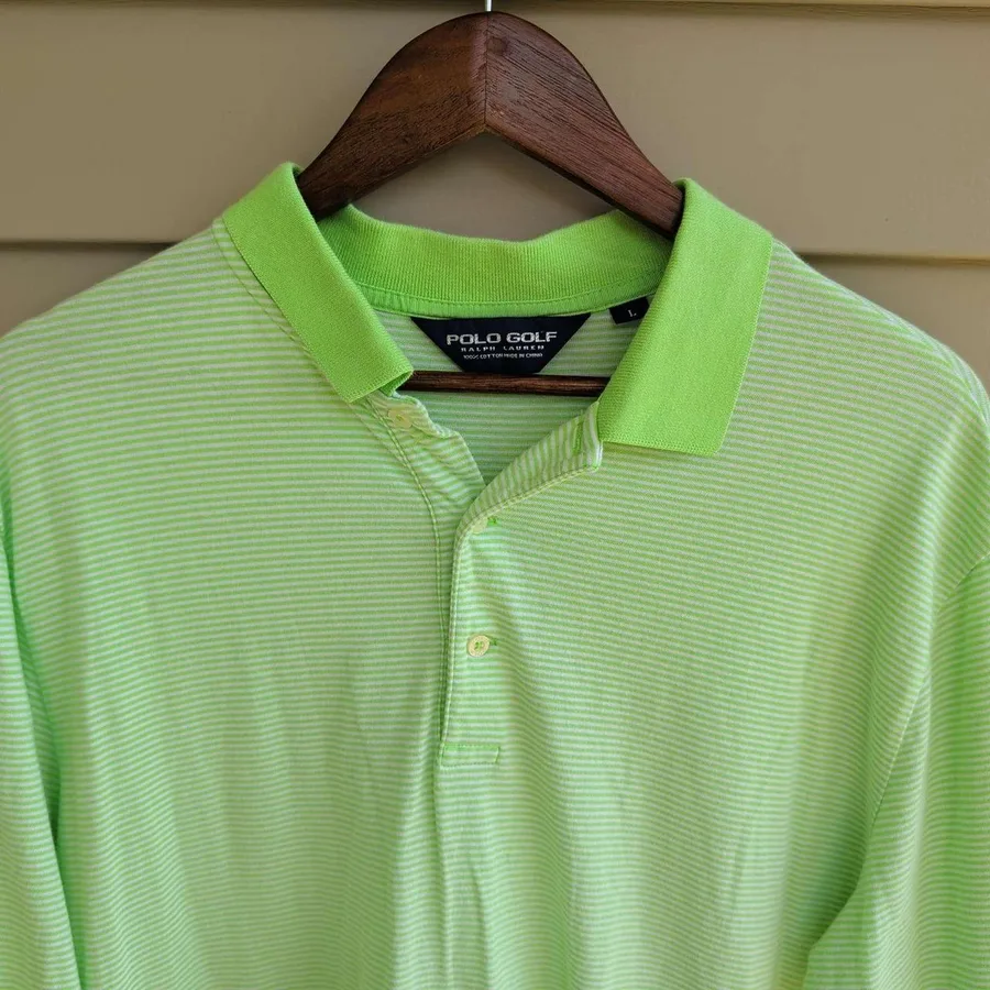 Polo Golf Ralph Lauren Polo Shirt Mens Large Lime Green Striped Short Sleeve