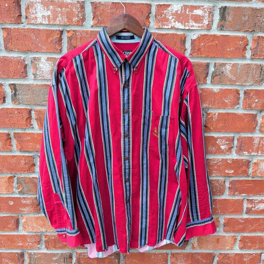 Chaps Ralph Lauren Button Down Shirt Mens Large Red Blue Striped Vintage Crest