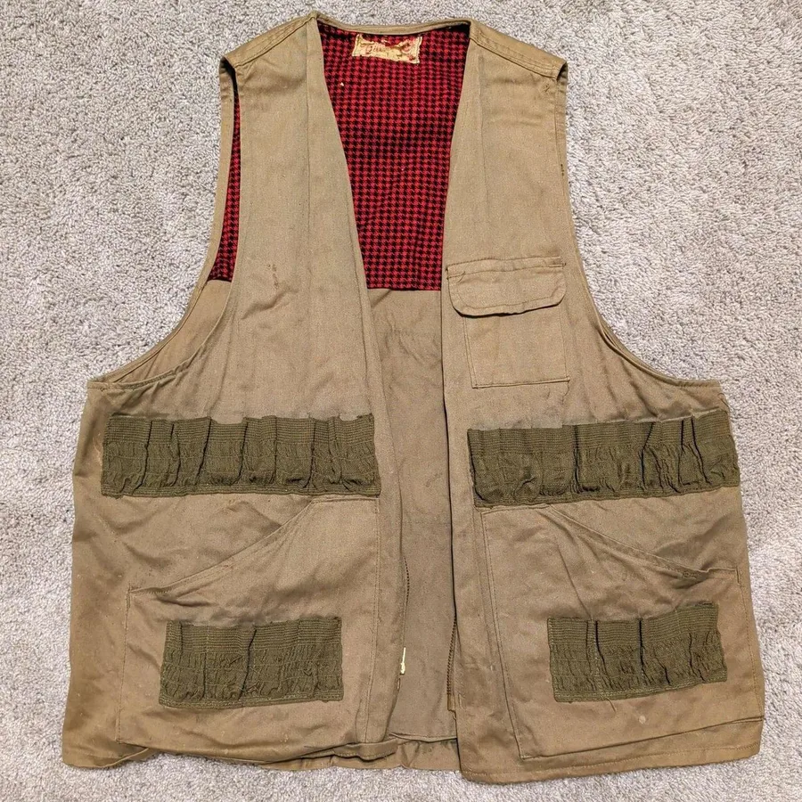 Bill Hunting Vest Mens Brown Canvas Red Houndstooth Lined Shell Loops Vintage