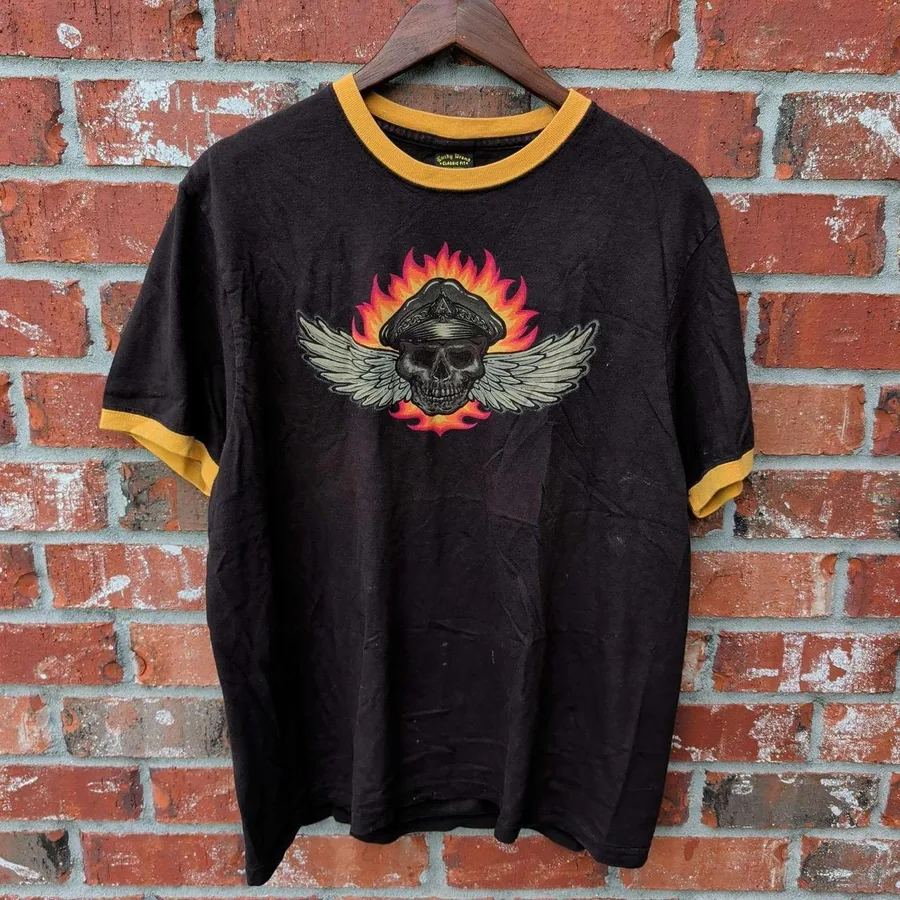 Lucky Brand Ringer T-Shirt Mens XL Brown Yellow Skull Winged Flame Graphic USA