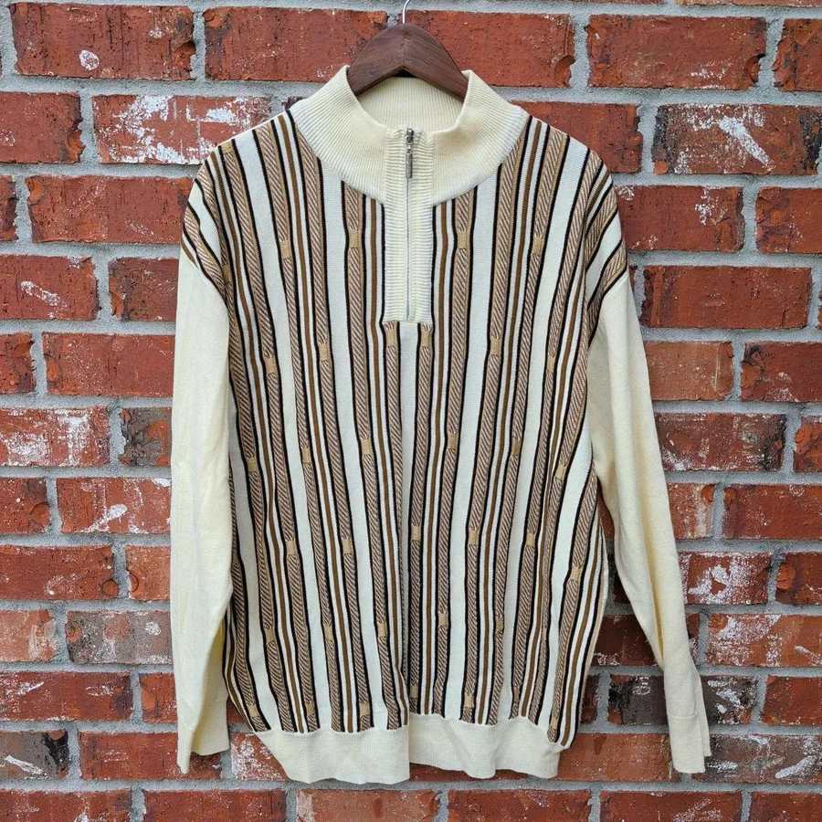Steve Harvey Quarter Zip Sweater Mens XL Cream Brown Striped Knit Mock Neck