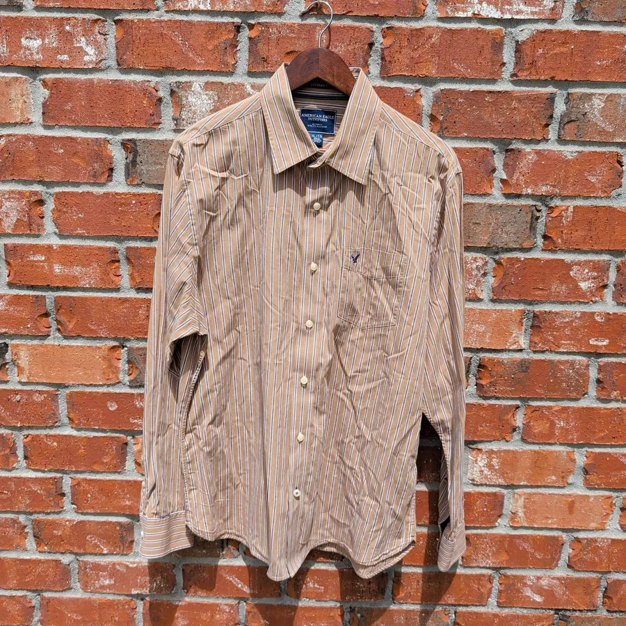 American Eagle Button Down Shirt Mens XL Tan Striped Vintage Fit Long Sleeve