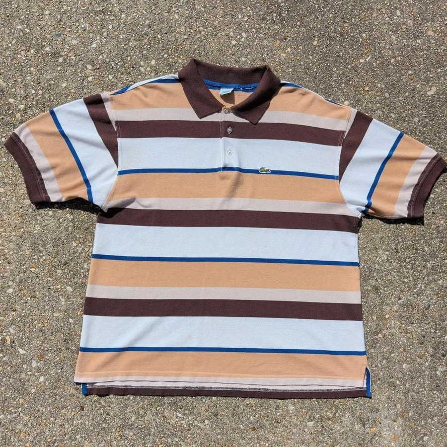 Lacoste Polo Shirt Mens 8 XXL Brown Tan Striped Short Sleeve Cotton Pique Logo