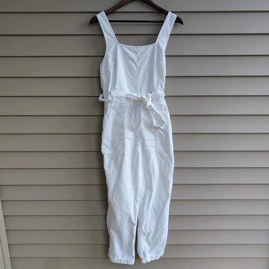 American Eagle Jumpsuit Women Medium White Cotton Smocked Back Tie Waist Utility