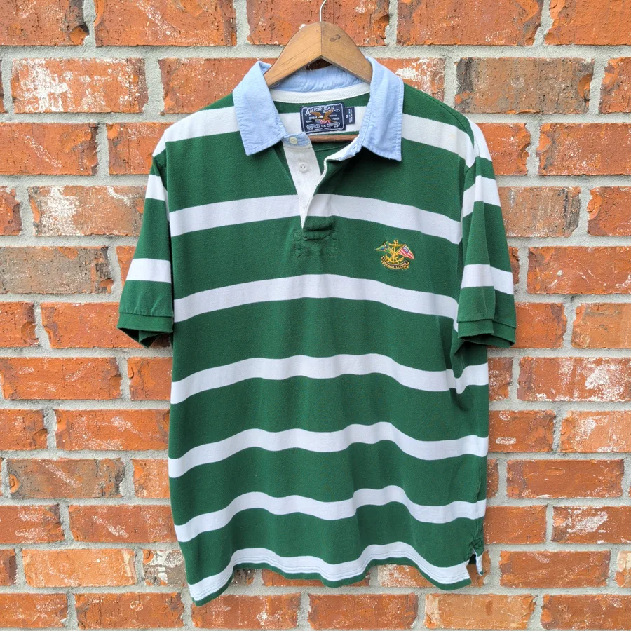 American Living Rugby Polo Mens XL Green White Striped Oxford Collar
