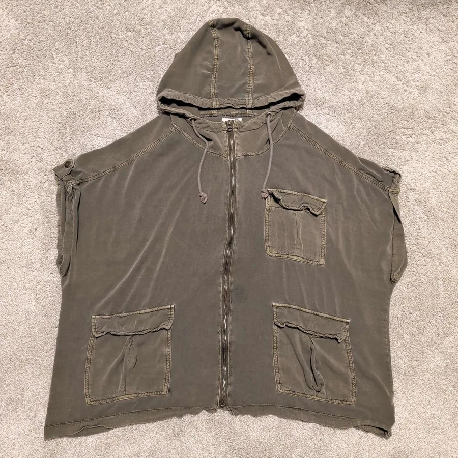 Maurices Utility Hooded Vest Womens L Olive Green Full Zip Rayon Cargo Pocket