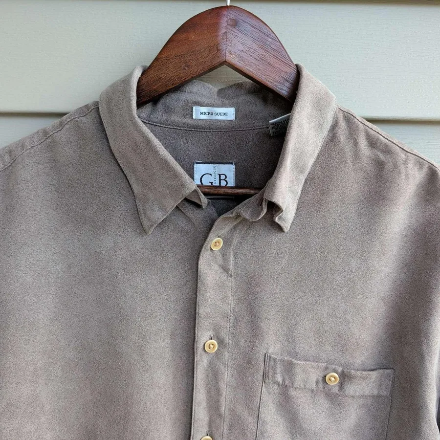 Geoffrey Beene Button Down Shirt Mens L Taupe Micro Suede Long Sleeve Fall 2004