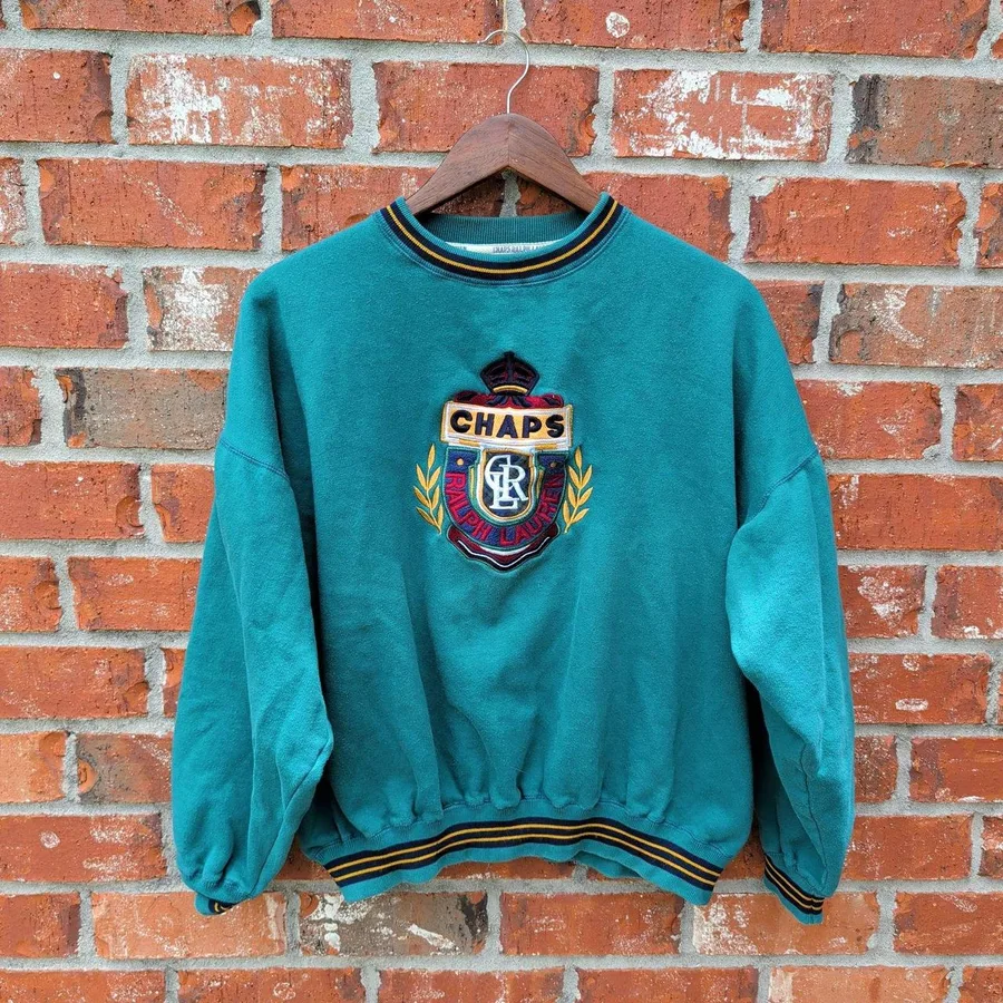 Chaps Ralph Lauren Sweatshirt Womens Large Teal Green Vintage Crest Embroidered