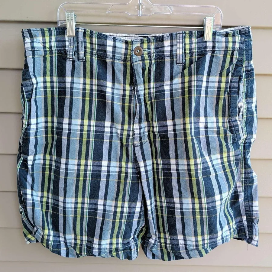 American Eagle Plaid Shorts Mens 40 Navy Green White Classic Flat Front Summer