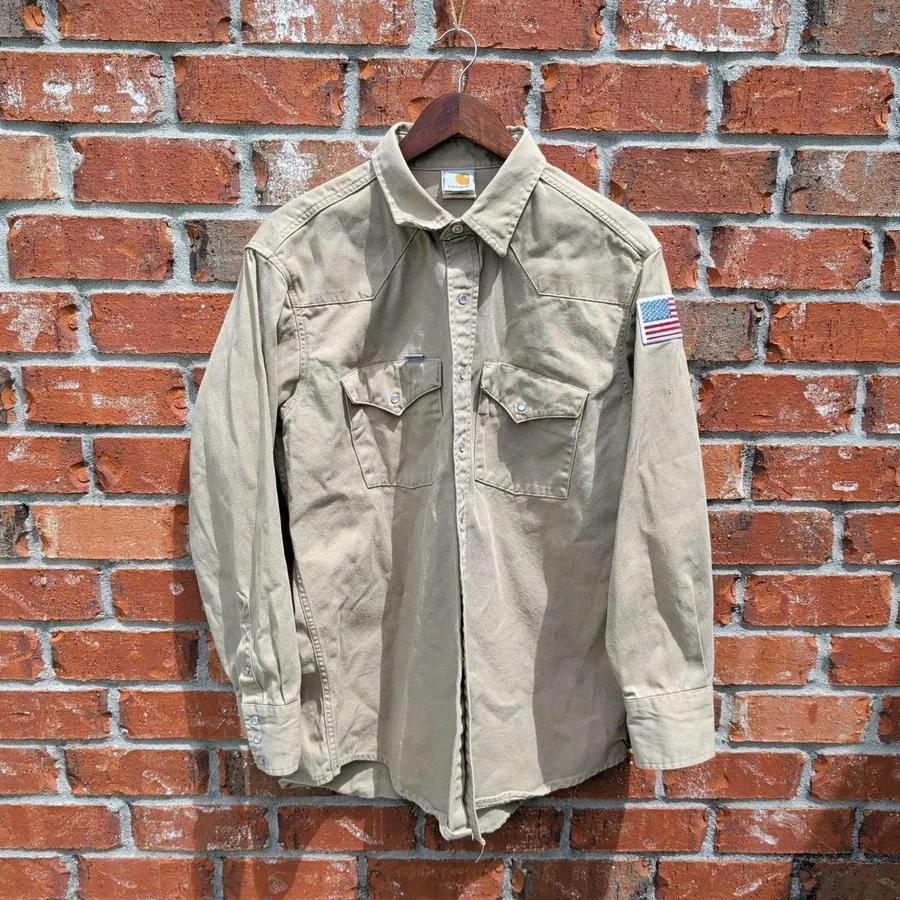 Carhartt Western Snap Shirt Mens 17.5 x 35 Khaki Tan USA Flag Patch