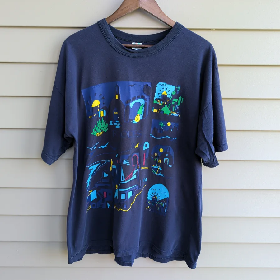 Vintage Rhodes Greece Souvenir T-Shirt Mens XL Navy Graphic Tourist Tee