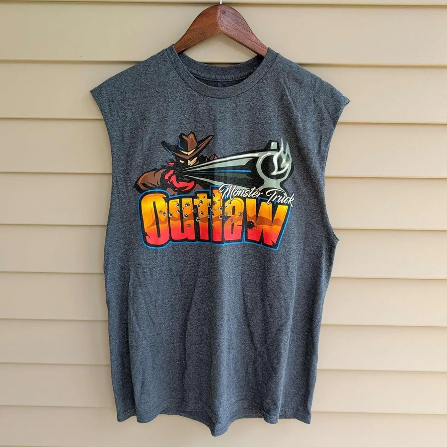 Monster Truck Outlaw Muscle Tee Mens L Gray Graphic Sleeveless Shirt Cowboy