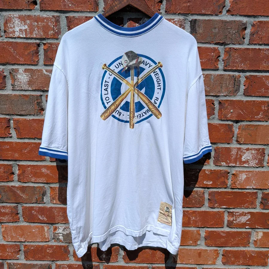 G Unit Baseball Bat Logo Ringer Tee Mens XL White Blue Heavy Weight 2000s