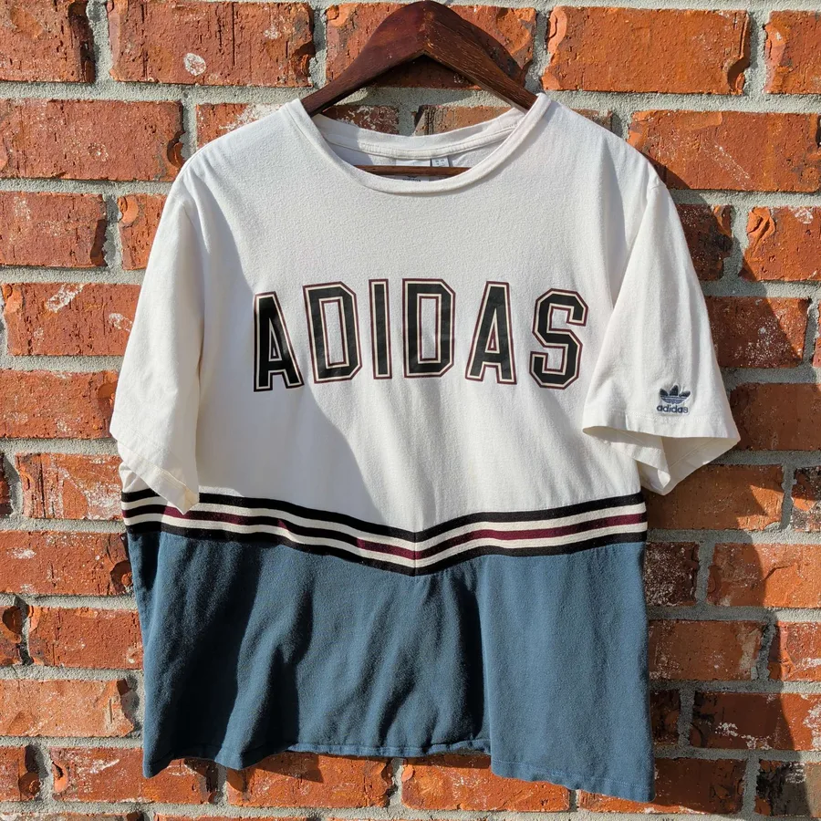 Adidas Originals Colorblock Tee Womens L Cream Blue Retro Trefoil Logo