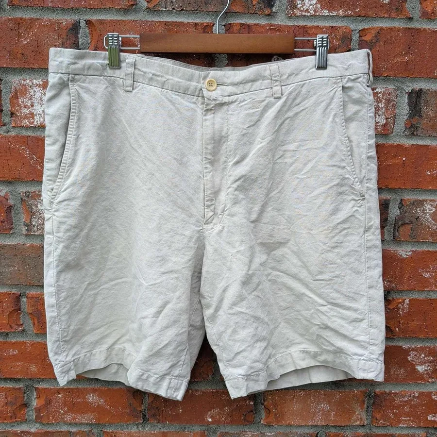 Banana Republic Shorts Mens 38 Cream Linen Cotton Blend Flat Front 9 Inseam